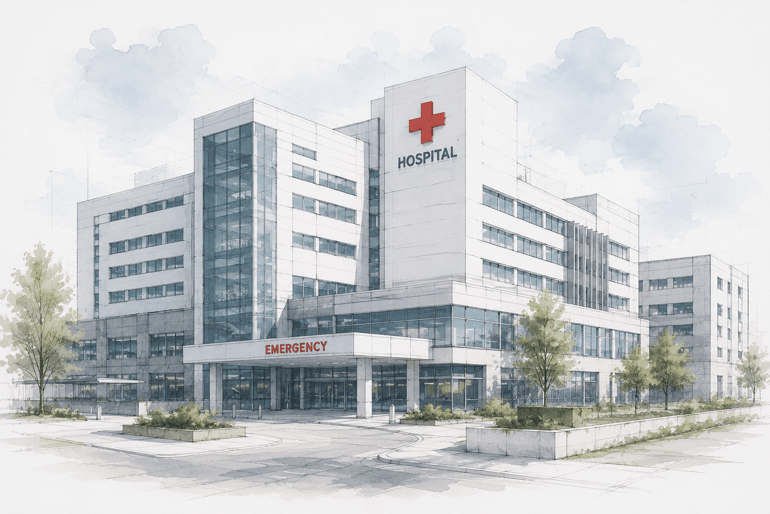 Architectural illustration of a hospital with emergency entrance — the kind of critical infrastructure that must remain operational during and after seismic events